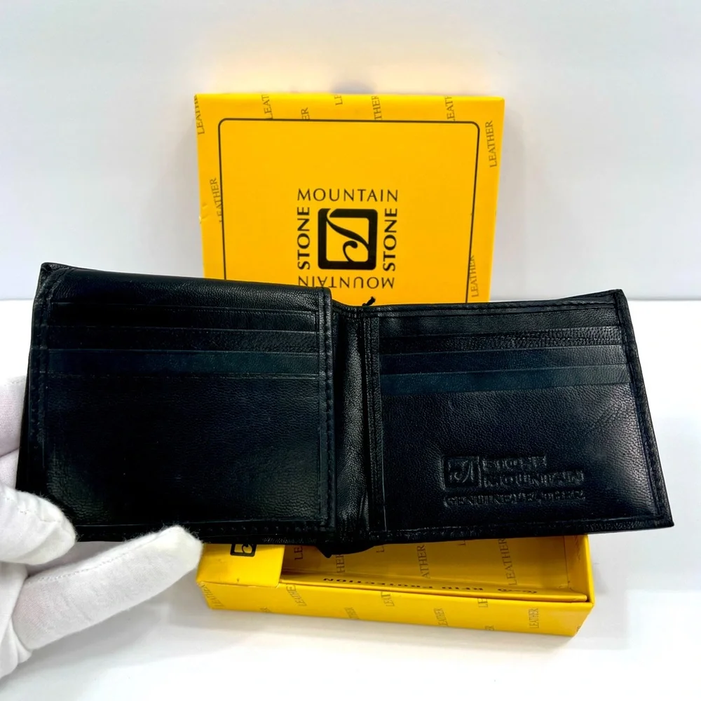 ⭐️STONE MOUNTAIN💯MENS BLACK LEATHER WALLET W/RFID PROTECTION, INTERIOR ZIPPER
